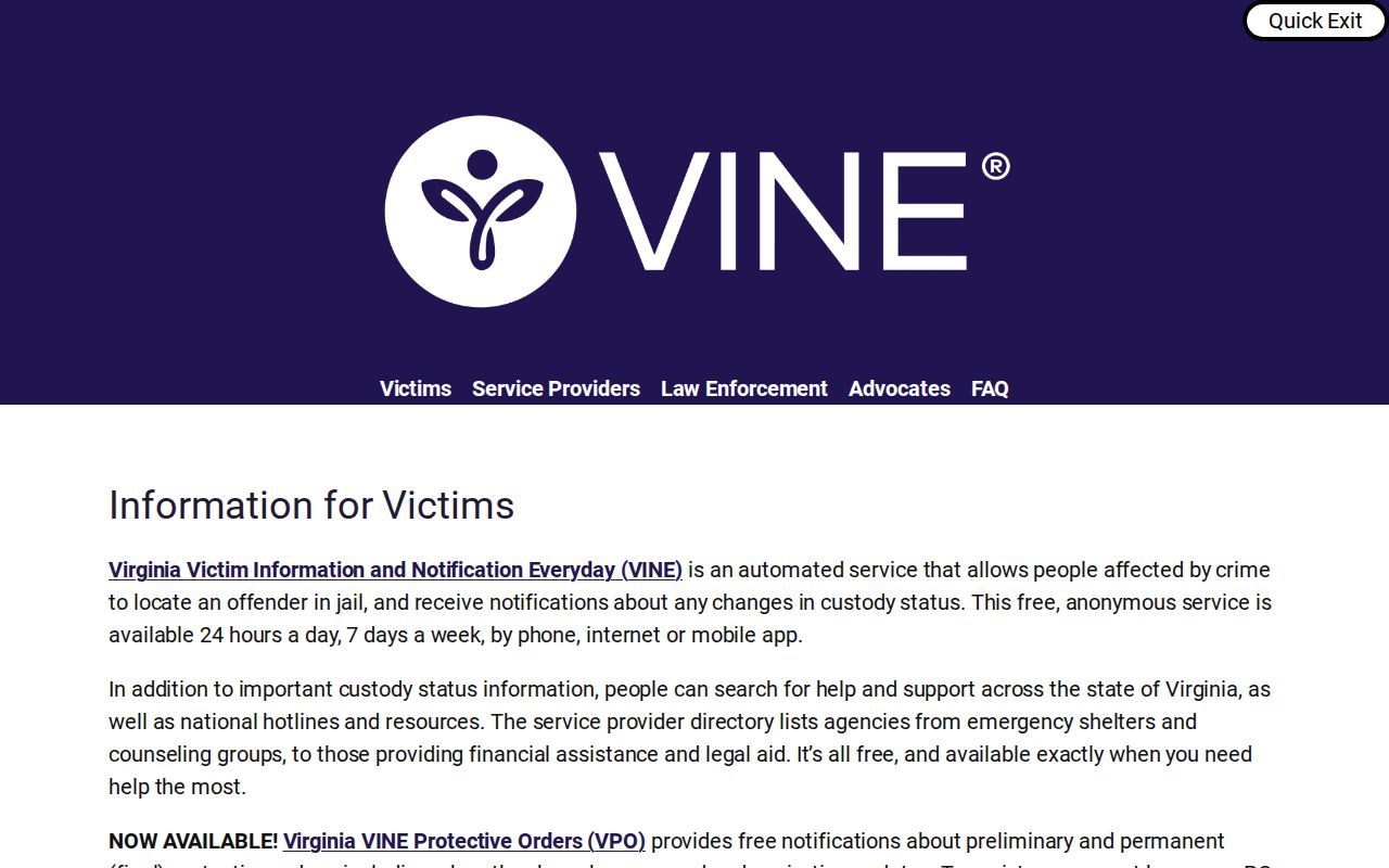 Virginia VINE local custody notification record search relevant to Mecklenburg County MRRJ